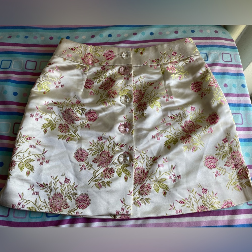 White Cream Satin Brocade Mini Skirt